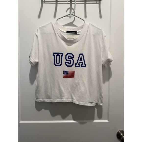 Women's Active USA Crop Top T-Shirt White with Flag on the Side  Size Medium - Picture 1 of 5